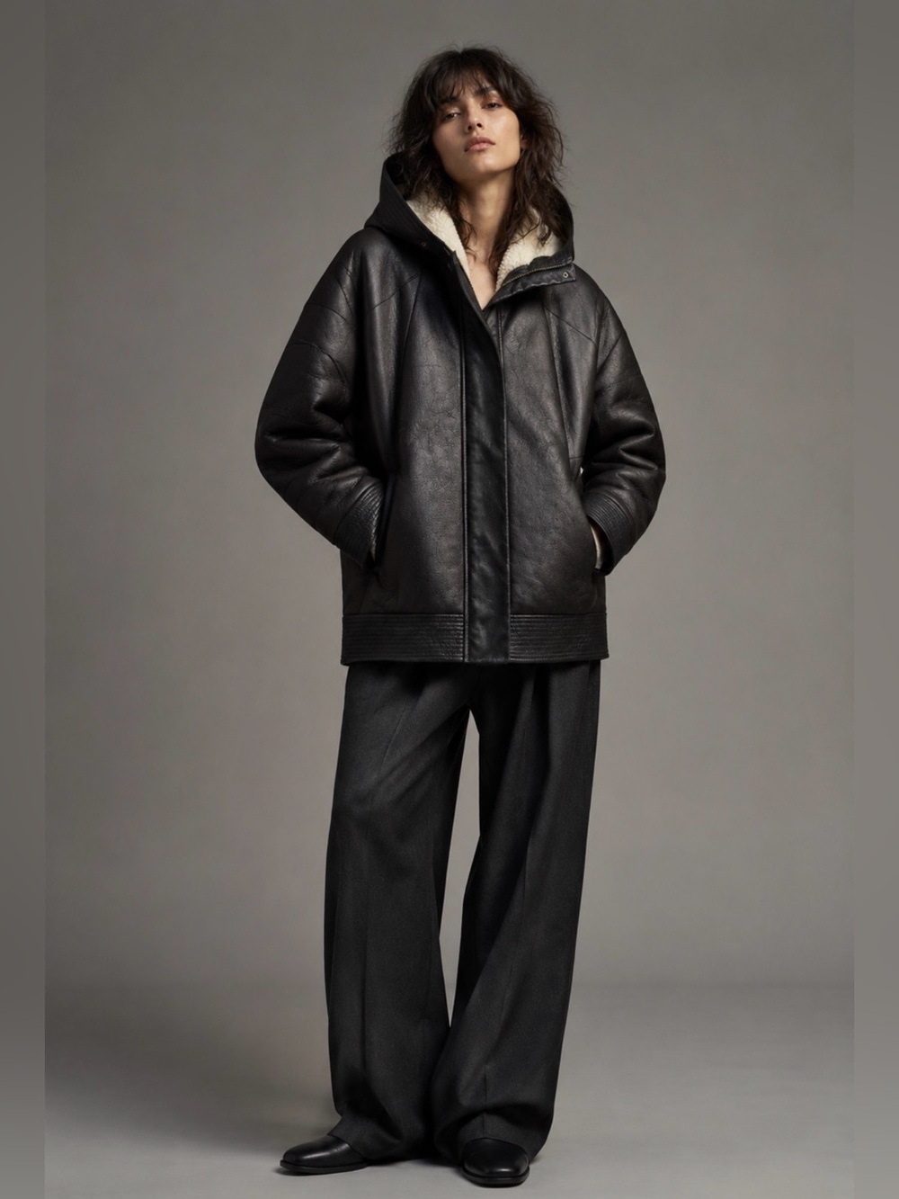 Dark Brown Black Genuine Lamb Shearling Hooded Jacket Womens Medium Zipper Front